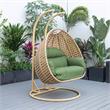 LeisureMod Mendoza Light Brown Wicker Patio Double Swing Chair in Dark Green