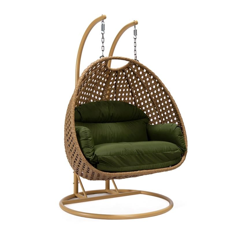 LeisureMod Mendoza Light Brown Wicker Patio Double Swing Chair in Dark Green