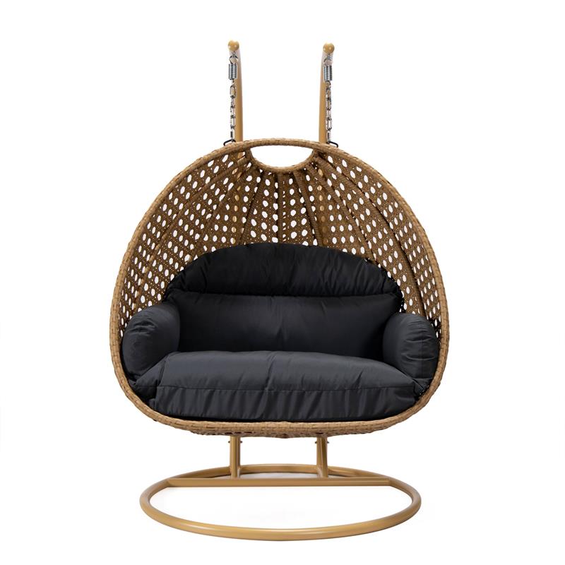 LeisureMod Mendoza Light Brown Wicker Patio Double Swing Chair in Dark Gray