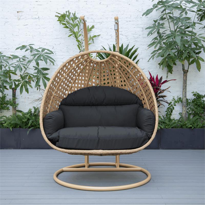 LeisureMod Mendoza Light Brown Wicker Patio Double Swing Chair in Dark Gray