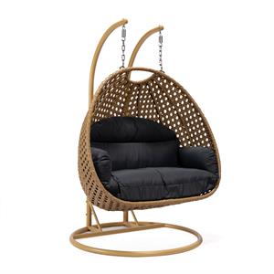 LeisureMod Mendoza Light Brown Wicker Patio Double Swing Chair in Dark Gray