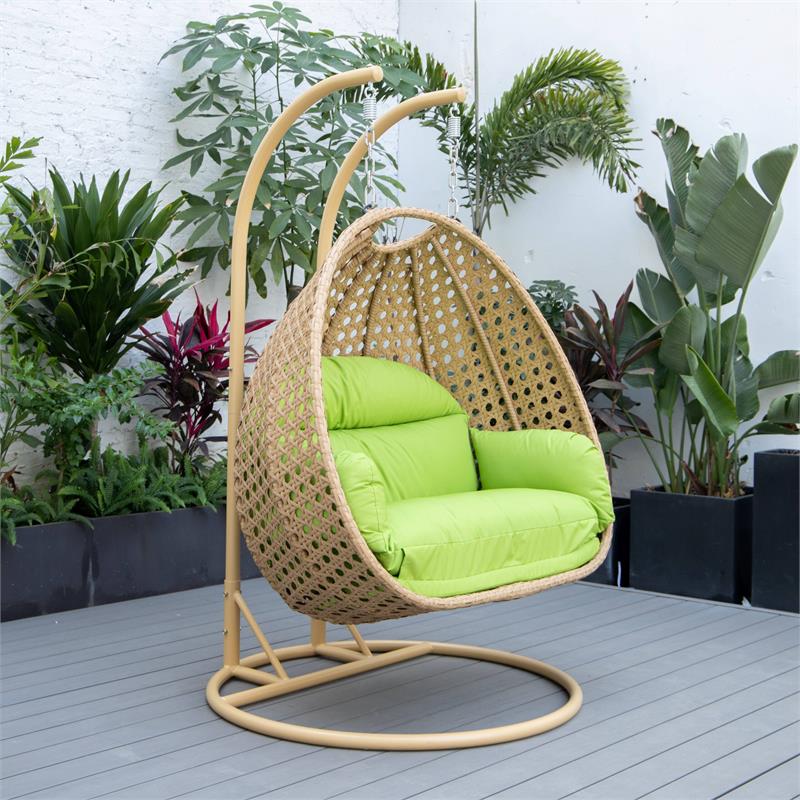 LeisureMod Mendoza Light Brown Wicker Patio Double Swing Chair in Light Green