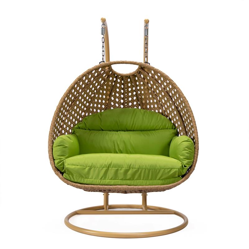 LeisureMod Mendoza Light Brown Wicker Patio Double Swing Chair in Light Green