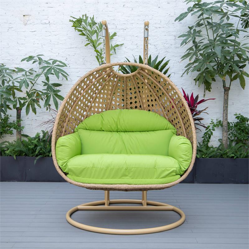 LeisureMod Mendoza Light Brown Wicker Patio Double Swing Chair in Light Green