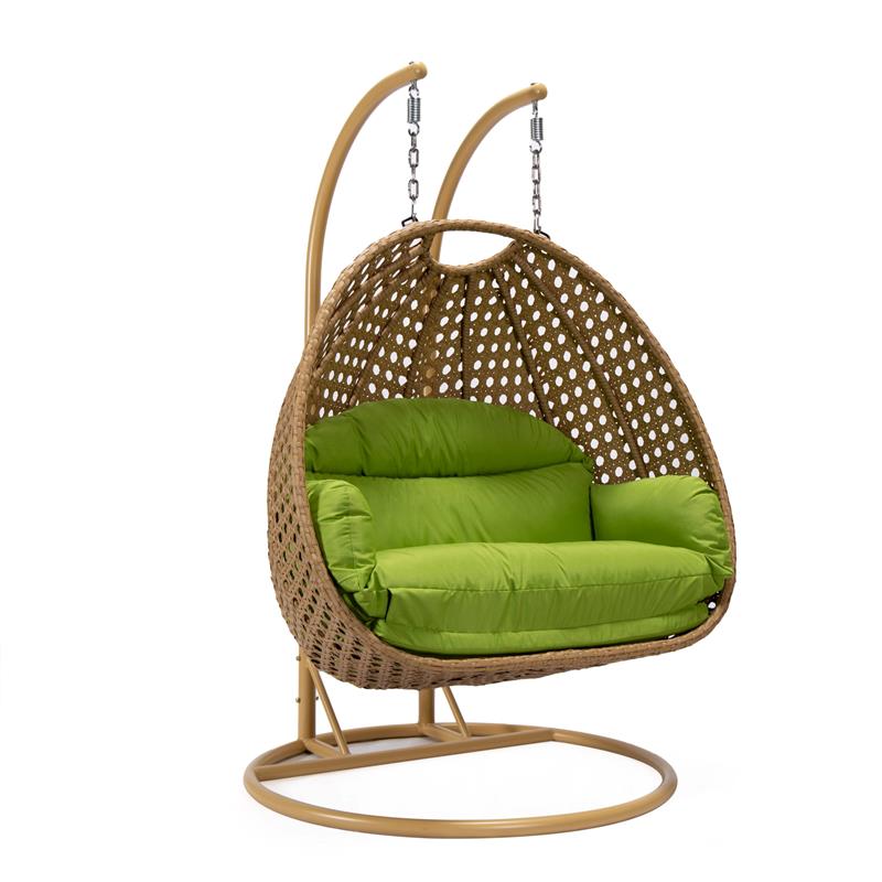 LeisureMod Mendoza Light Brown Wicker Patio Double Swing Chair in Light Green