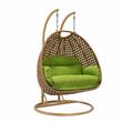 LeisureMod Mendoza Light Brown Wicker Patio Double Swing Chair in Light Green