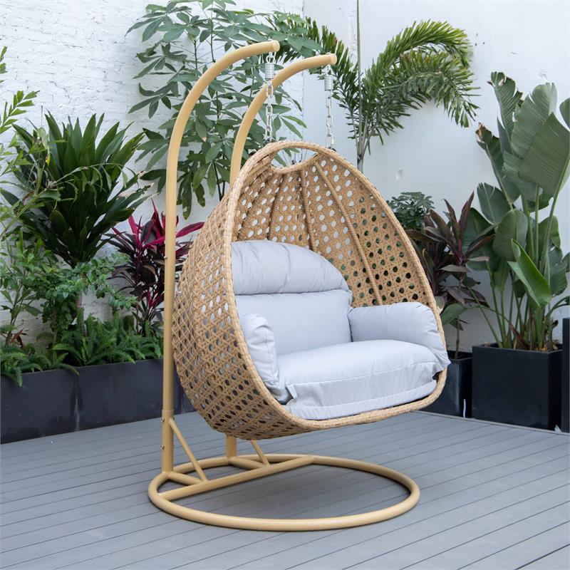LeisureMod Mendoza Light Brown Wicker Patio Double Swing Chair in Light Grey