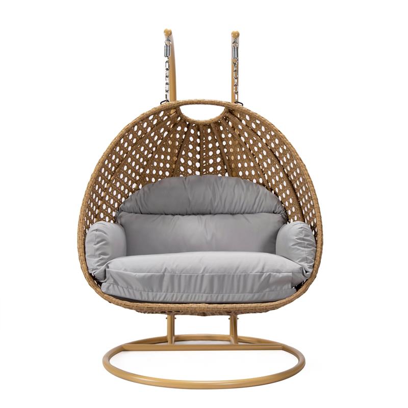 LeisureMod Mendoza Light Brown Wicker Patio Double Swing Chair in Light Grey