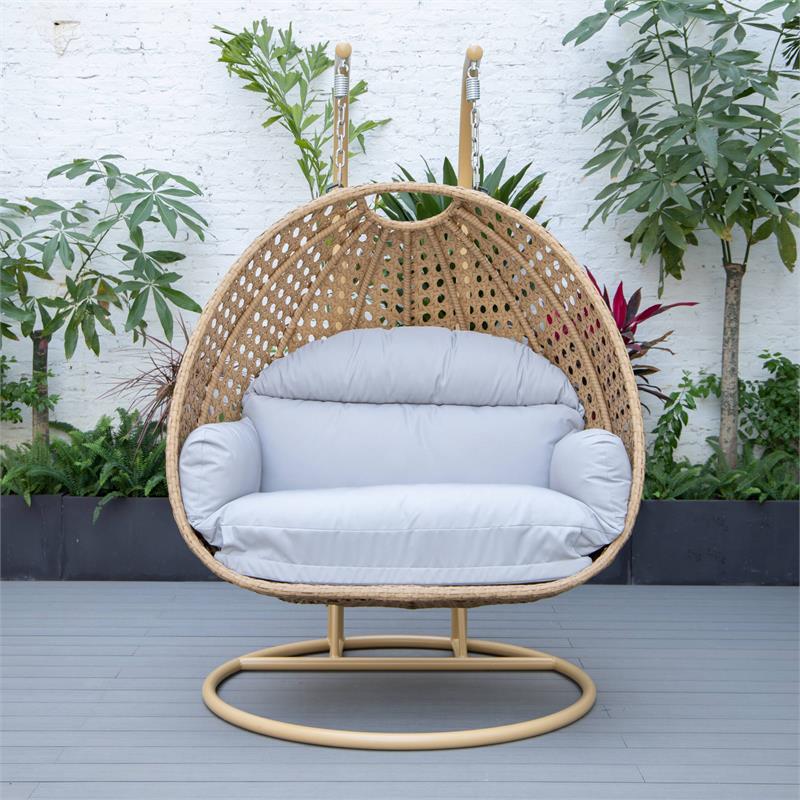LeisureMod Mendoza Light Brown Wicker Patio Double Swing Chair in Light Grey