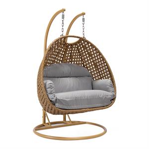 LeisureMod Mendoza Light Brown Wicker Patio Double Swing Chair in Light Grey