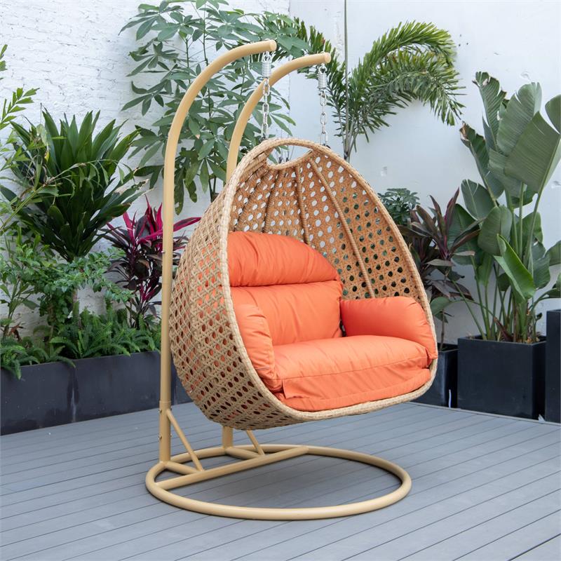 LeisureMod Mendoza Light Brown Wicker Patio Double Swing Chair in Orange