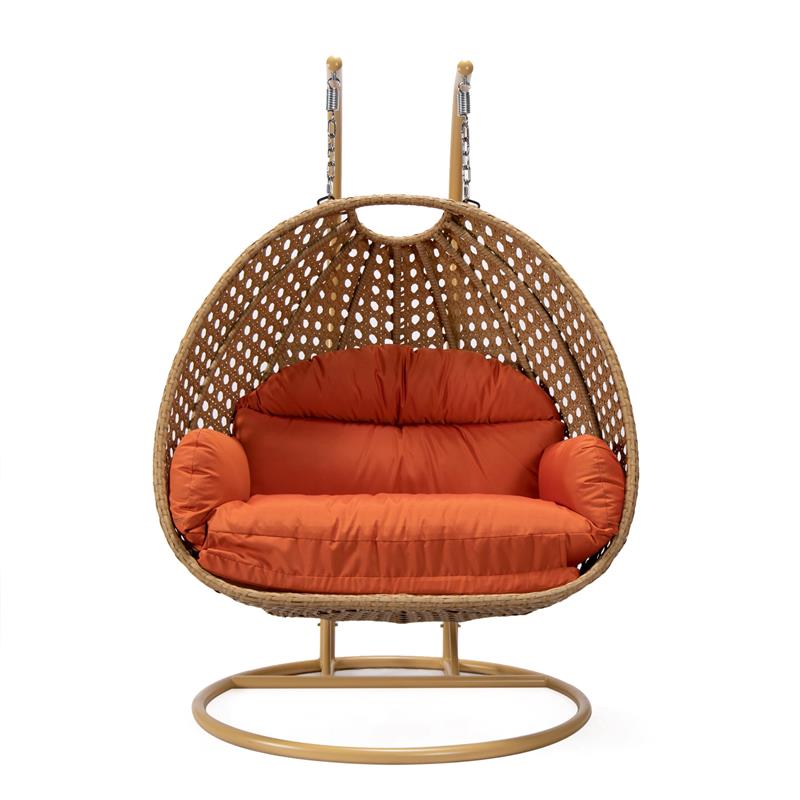 LeisureMod Mendoza Light Brown Wicker Patio Double Swing Chair in Orange