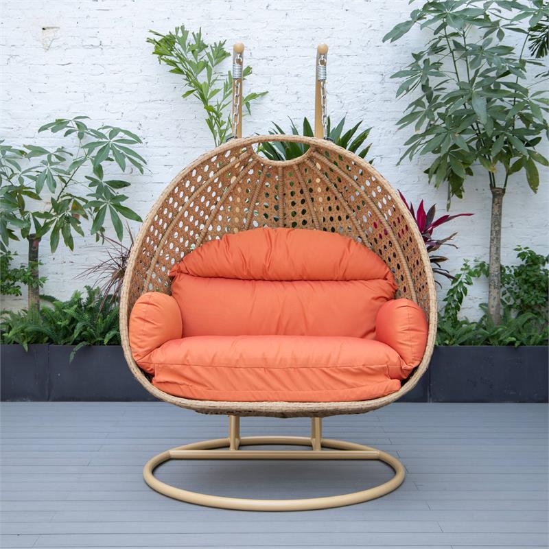 LeisureMod Mendoza Light Brown Wicker Patio Double Swing Chair in Orange