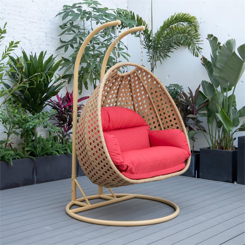 LeisureMod Mendoza Light Brown Wicker Patio Double Swing Chair in Red