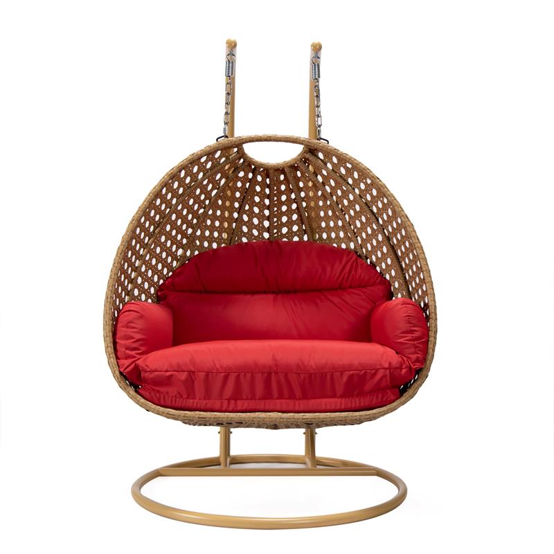 LeisureMod Mendoza Light Brown Wicker Patio Double Swing Chair in Red