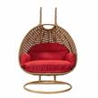 LeisureMod Mendoza Light Brown Wicker Patio Double Swing Chair in Red