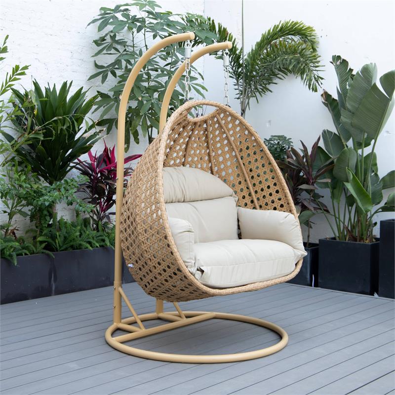LeisureMod Mendoza Light Brown Wicker Patio Double Swing Chair in Taupe