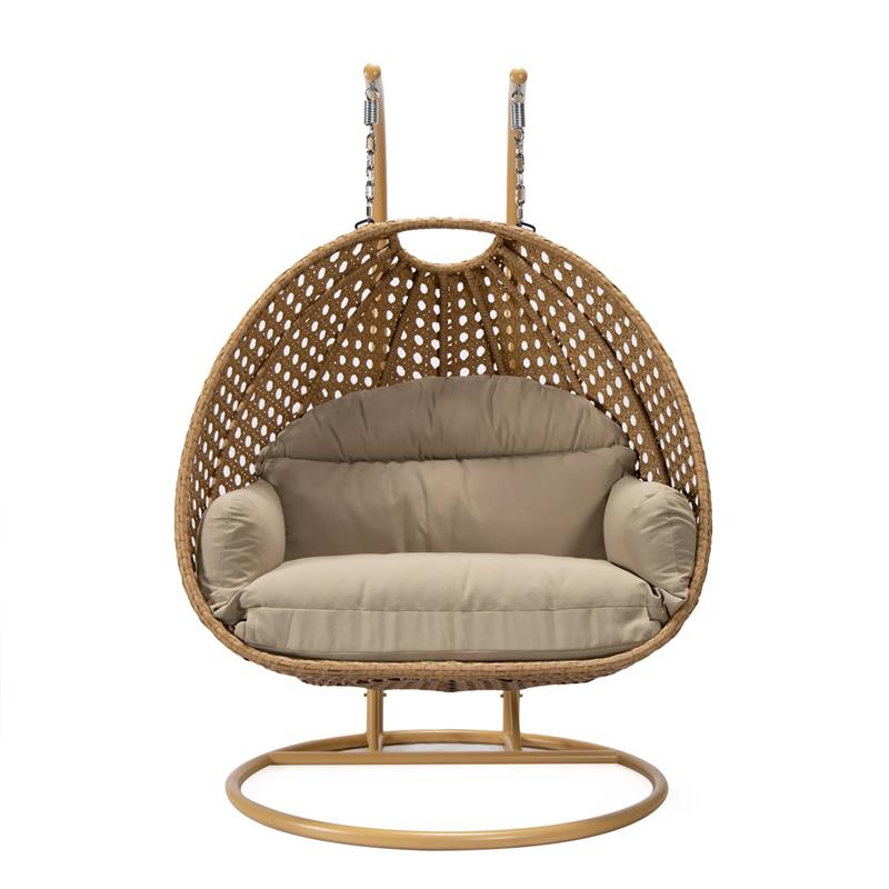 LeisureMod Mendoza Light Brown Wicker Patio Double Swing Chair in Taupe