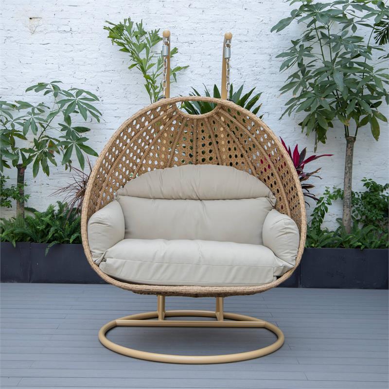 LeisureMod Mendoza Light Brown Wicker Patio Double Swing Chair in Taupe