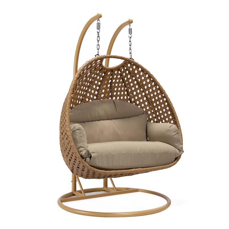 LeisureMod Mendoza Light Brown Wicker Patio Double Swing Chair in Taupe