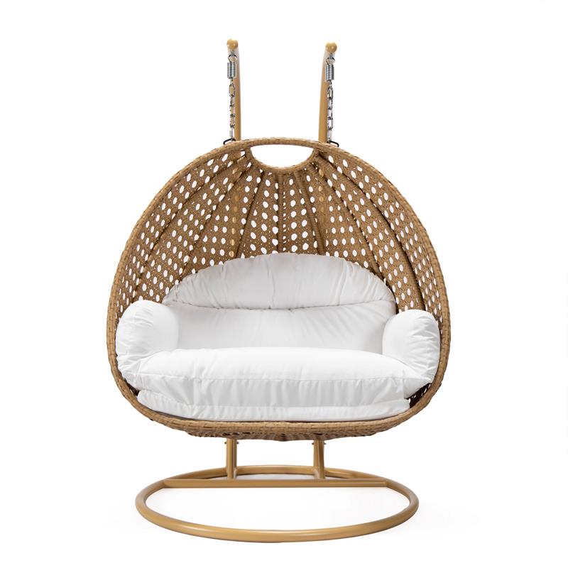 LeisureMod Mendoza Light Brown Wicker Patio Double Swing Chair in White