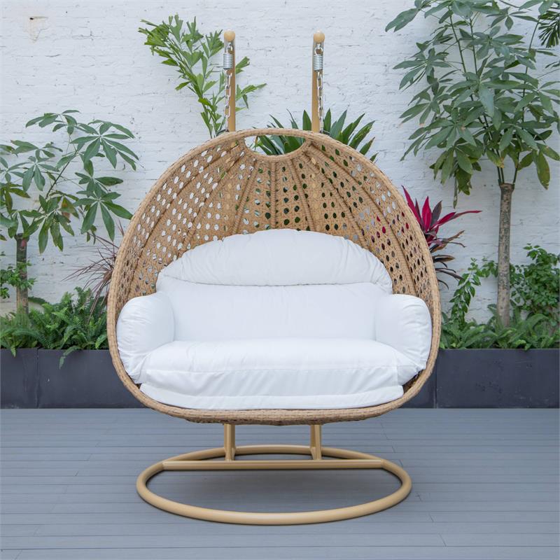 LeisureMod Mendoza Light Brown Wicker Patio Double Swing Chair in White