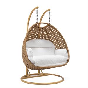 LeisureMod Mendoza Light Brown Wicker Patio Double Swing Chair in White