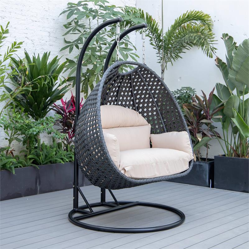 LeisureMod Mendoza Charcoal Wicker Patio Double Swing Chair in Beige