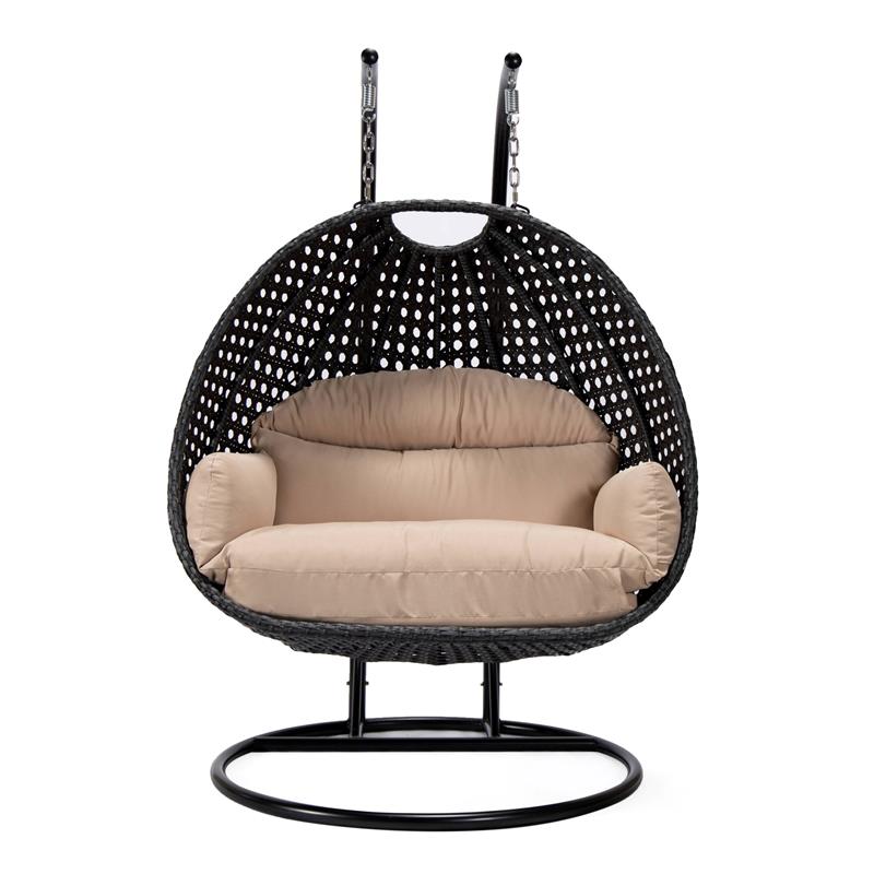 LeisureMod Mendoza Charcoal Wicker Patio Double Swing Chair in Beige