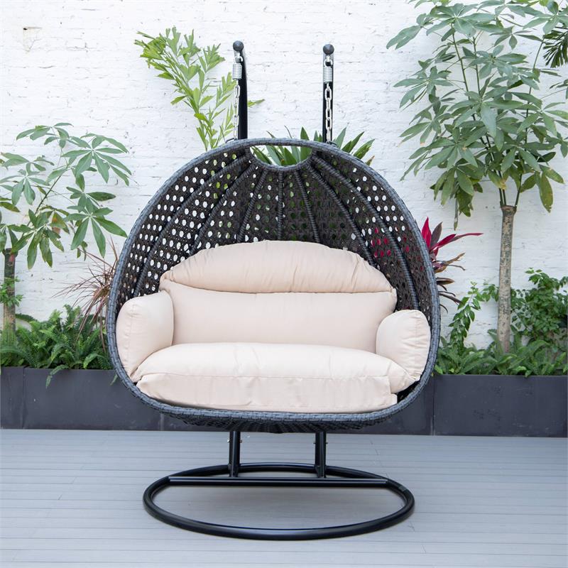 LeisureMod Mendoza Charcoal Wicker Patio Double Swing Chair in Beige