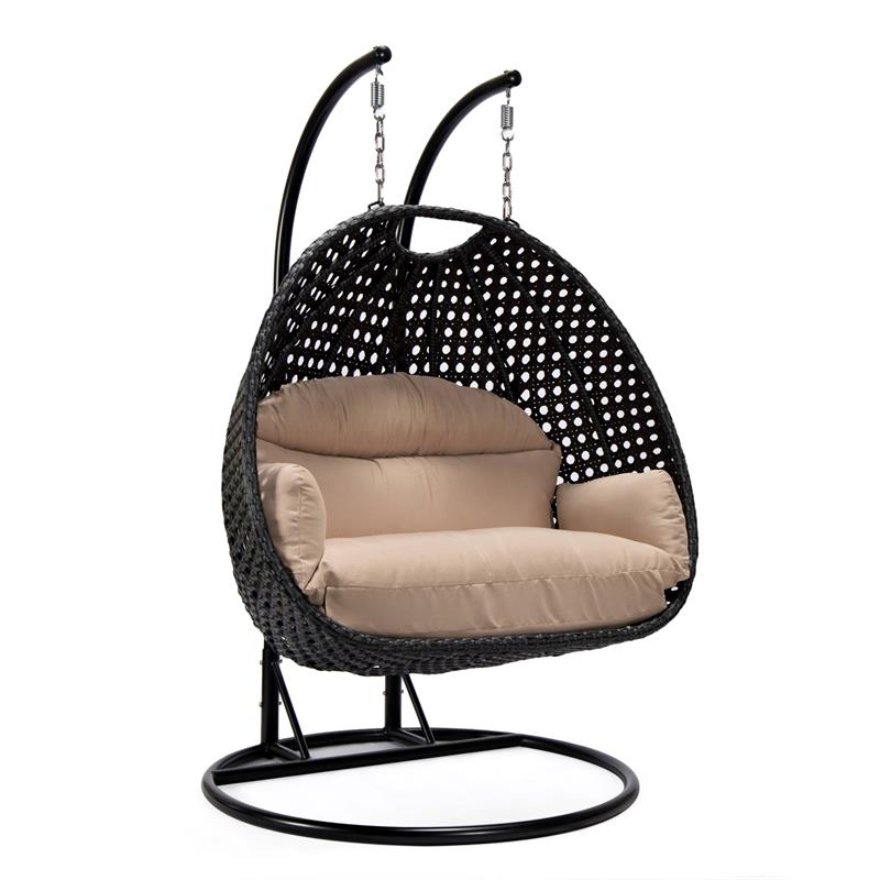 LeisureMod Mendoza Charcoal Wicker Patio Double Swing Chair in Beige