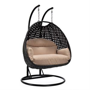 LeisureMod Mendoza Charcoal Wicker Patio Double Swing Chair in Beige