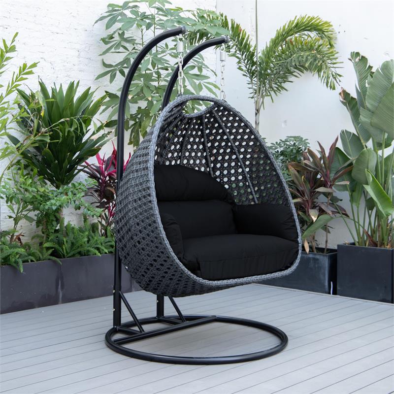 LeisureMod Mendoza Charcoal Wicker Patio Double Swing Chair in Black