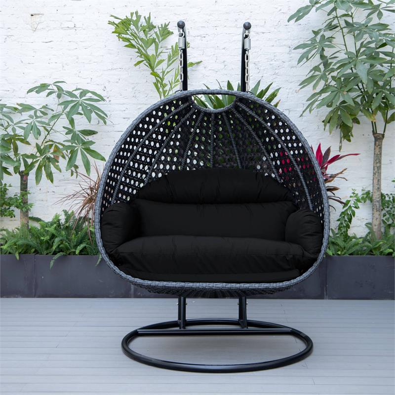 LeisureMod Mendoza Charcoal Wicker Patio Double Swing Chair in Black
