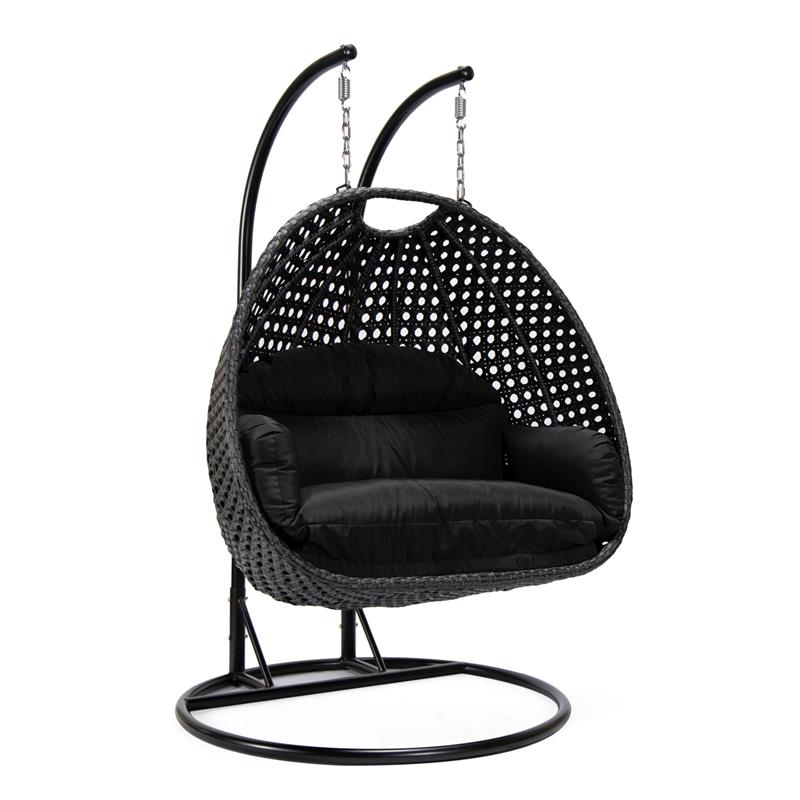 LeisureMod Mendoza Charcoal Wicker Patio Double Swing Chair in Black