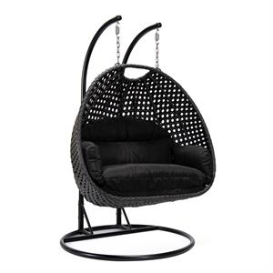 LeisureMod Mendoza Charcoal Wicker Patio Double Swing Chair in Black