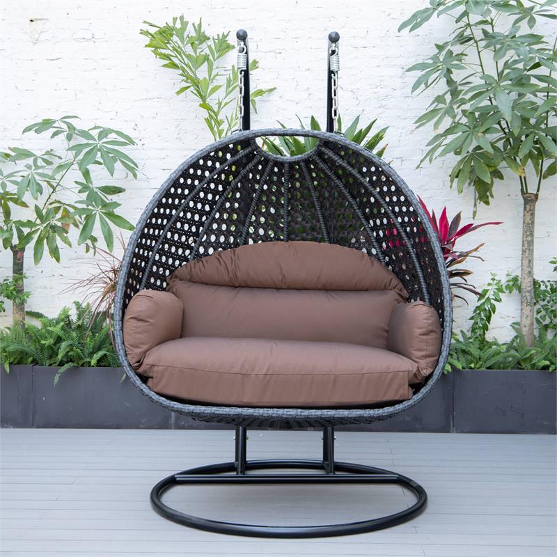 LeisureMod Mendoza Charcoal Wicker Patio Double Swing Chair in Brown