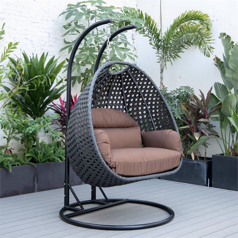LeisureMod Mendoza Charcoal Wicker Patio Double Swing Chair in Brown