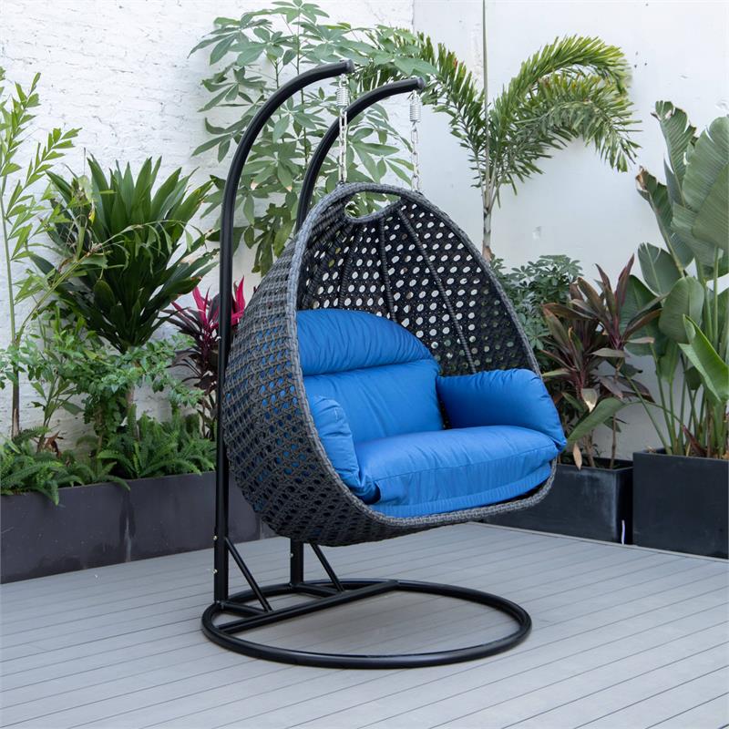 LeisureMod Mendoza Charcoal Wicker Patio Double Swing Chair in Blue