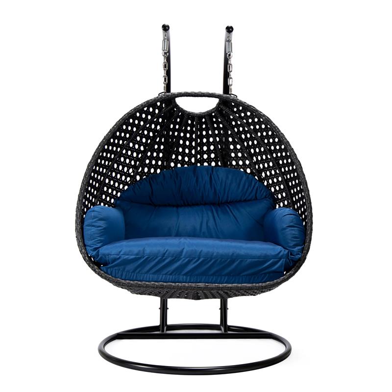 LeisureMod Mendoza Charcoal Wicker Patio Double Swing Chair in Blue