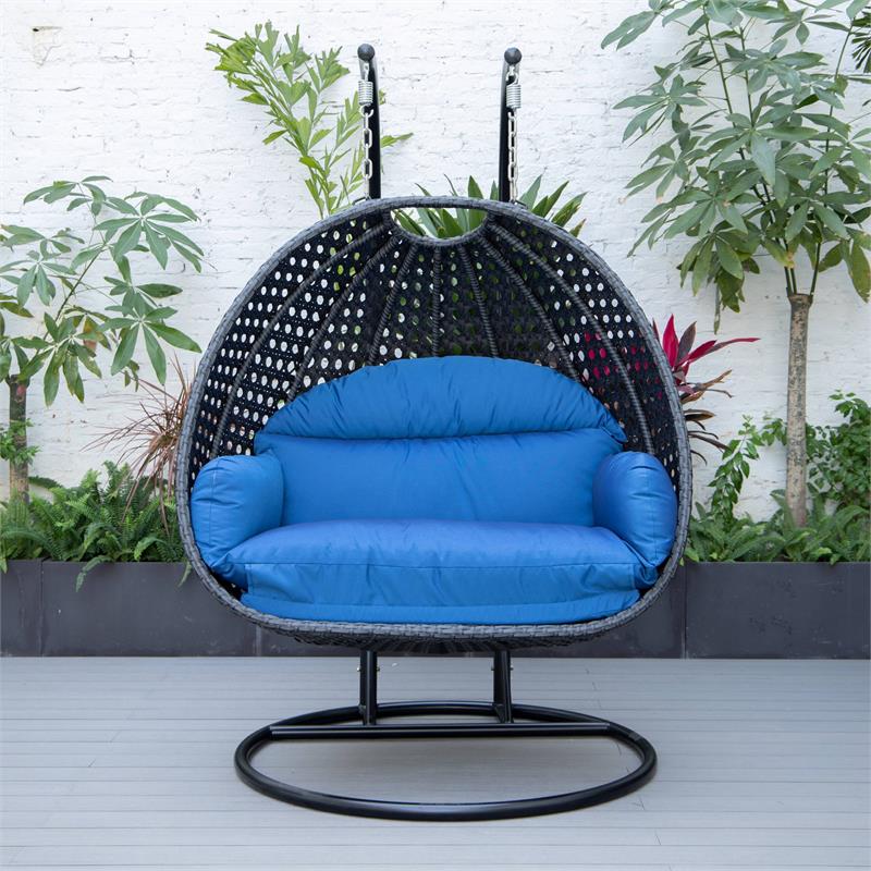 LeisureMod Mendoza Charcoal Wicker Patio Double Swing Chair in Blue