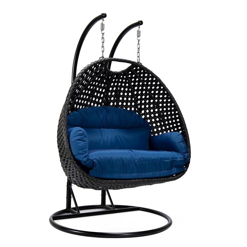 LeisureMod Mendoza Charcoal Wicker Patio Double Swing Chair in Blue