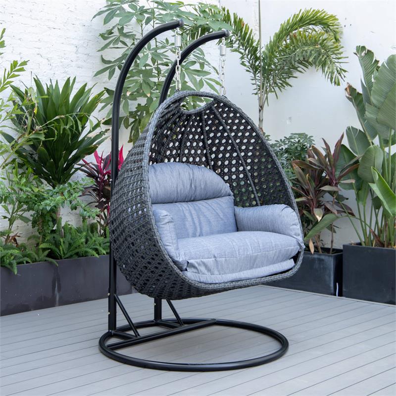 LeisureMod Mendoza Charcoal Wicker Patio Double Swing Chair in Charcoal