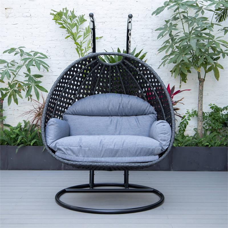 LeisureMod Mendoza Charcoal Wicker Patio Double Swing Chair in Charcoal