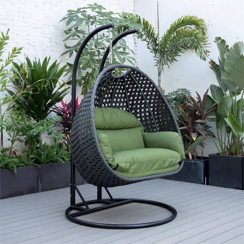 LeisureMod Mendoza Charcoal Wicker Patio Double Swing Chair in Dark Green