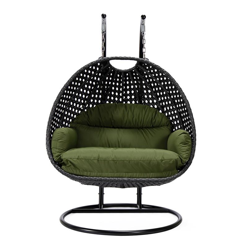 LeisureMod Mendoza Charcoal Wicker Patio Double Swing Chair in Dark Green