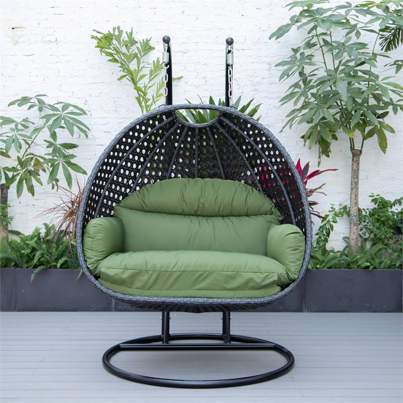 LeisureMod Mendoza Charcoal Wicker Patio Double Swing Chair in Dark Green
