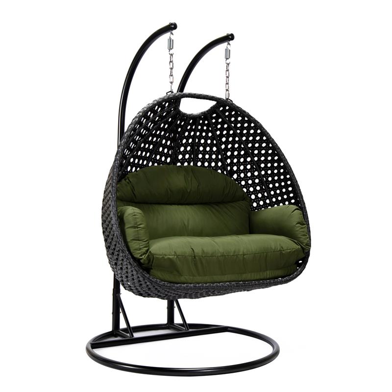 LeisureMod Mendoza Charcoal Wicker Patio Double Swing Chair in Dark Green
