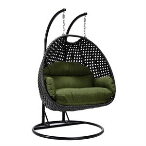 LeisureMod Mendoza Charcoal Wicker Patio Double Swing Chair in Dark Green