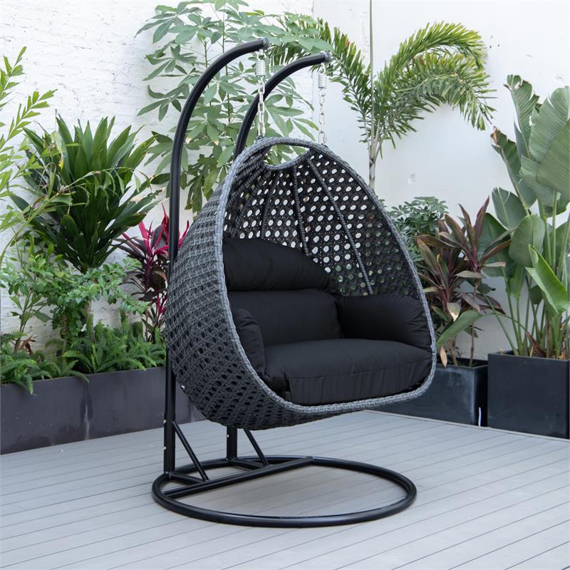 LeisureMod Mendoza Charcoal Wicker Patio Double Swing Chair in Dark Grey